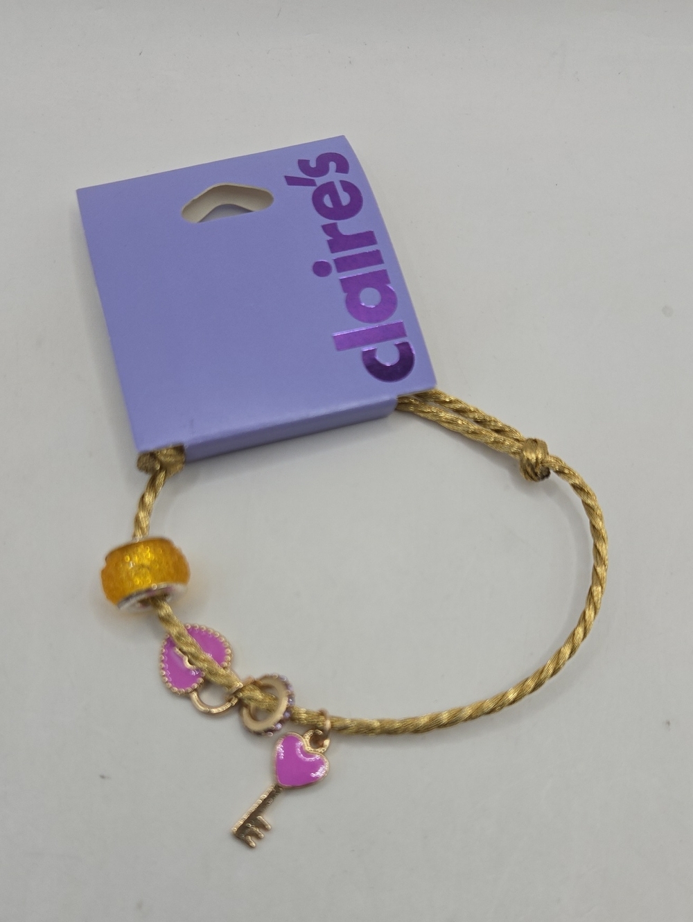 NEW Claire's Gold Braided Charm Wristlet with Pink Heart and Key